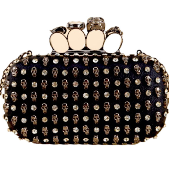 Handbags - COPY - 001 - KNUCKLES skulls ring , rhinestone hard case clutch long chain.
